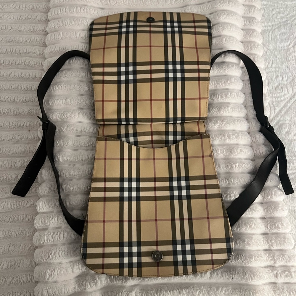 Burberry Tan Plaid Canvas Backpack with Black Straps